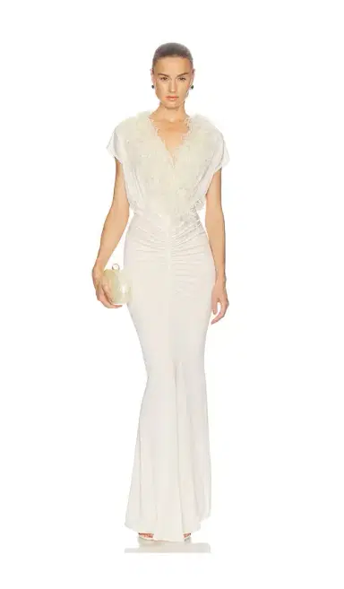 LaPointe V Neck Shirred Gown With Feathers | Thumbnail 1