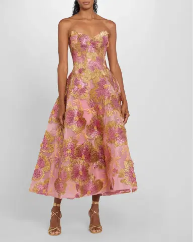 Monique Lhuillier Strapless Metallic Floral Embroidered Tulle Tea-Length Dress | Thumbnail 3 Monique Lhuillier Strapless Metallic Floral Embroidered Tulle Tea-Length Dress | Thumbnail 3