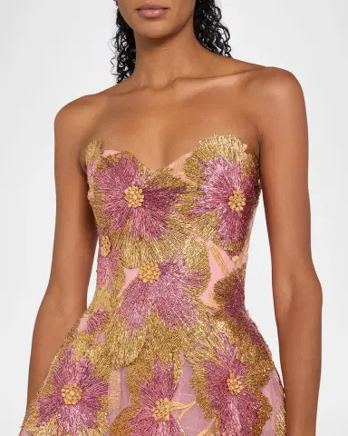 Monique Lhuillier Strapless Metallic Floral Embroidered Tulle Tea-Length Dress | Thumbnail 4 Monique Lhuillier Strapless Metallic Floral Embroidered Tulle Tea-Length Dress | Thumbnail 4