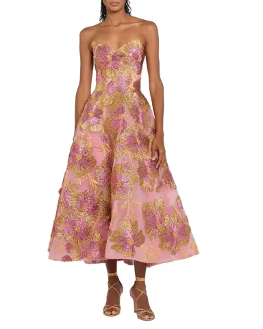 Monique Lhuillier Strapless Metallic Floral Embroidered Tulle Tea-Length Dress | Thumbnail 1 Monique Lhuillier Strapless Metallic Floral Embroidered Tulle Tea-Length Dress | Thumbnail 1