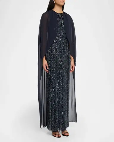 Aidan Mattox Beaded Cape-Sleeve Column Gown | Thumbnail 3 Aidan Mattox Beaded Cape-Sleeve Column Gown | Thumbnail 3