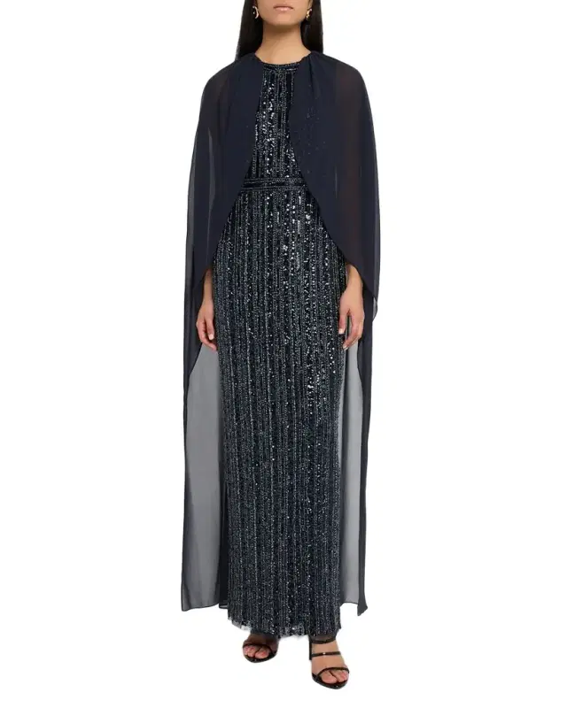 Aidan Mattox Beaded Cape-Sleeve Column Gown