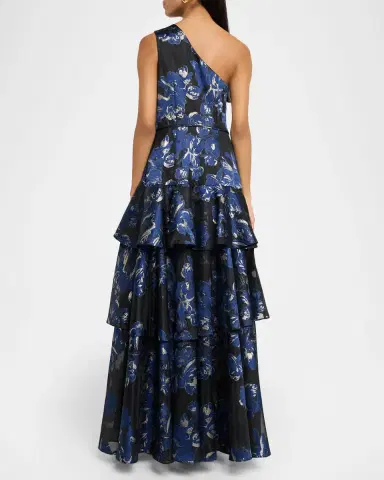 Aidan Mattox Tiered One-Shoulder Floral Jacquard Gown | Thumbnail 2 Aidan Mattox Tiered One-Shoulder Floral Jacquard Gown | Thumbnail 2