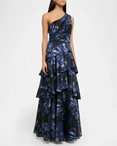 Aidan Mattox Tiered One-Shoulder Floral Jacquard Gown | Thumbnail 3 Aidan Mattox Tiered One-Shoulder Floral Jacquard Gown | Thumbnail 3