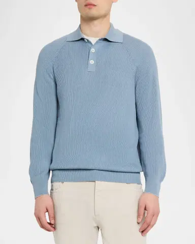 Brunello Cucinelli Men's Cotton English Rib Knit Polo Sweater | Thumbnail 3 Brunello Cucinelli Men's Cotton English Rib Knit Polo Sweater | Thumbnail 3