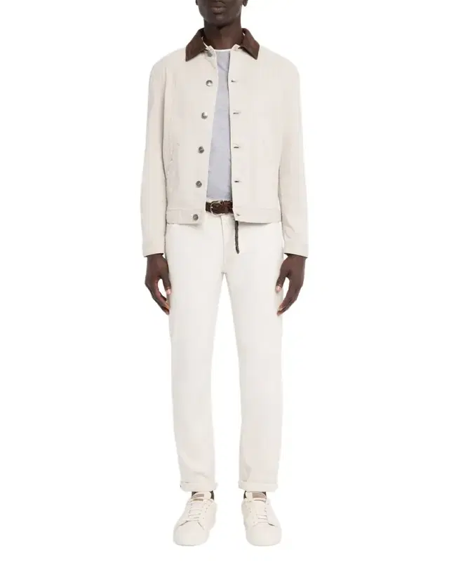 Men 's Garment-Dyed Denim Leather-Collar Shirt Jacket