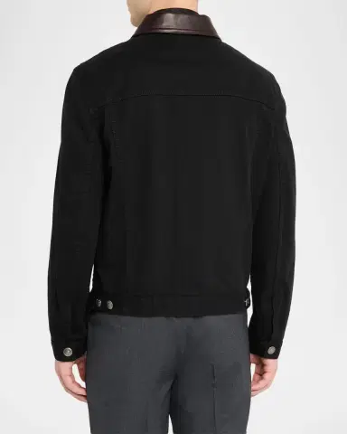 Brunello Cucinelli Men's Garment-Dyed Denim Leather-Collar Shirt Jacket | Thumbnail 2
