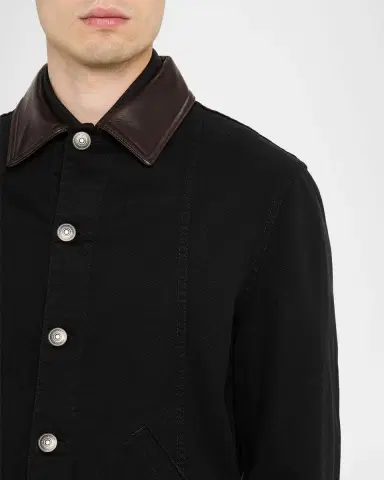 Brunello Cucinelli Men's Garment-Dyed Denim Leather-Collar Shirt Jacket | Thumbnail 4
