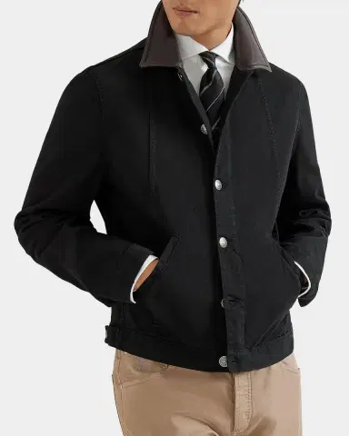 Brunello Cucinelli Men's Garment-Dyed Denim Leather-Collar Shirt Jacket | Thumbnail 5