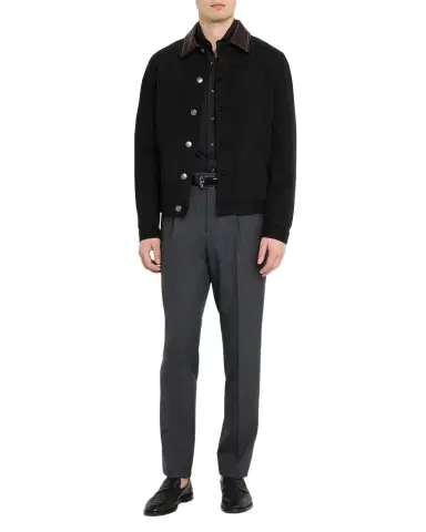 Brunello Cucinelli Men's Garment-Dyed Denim Leather-Collar Shirt Jacket | Thumbnail 1