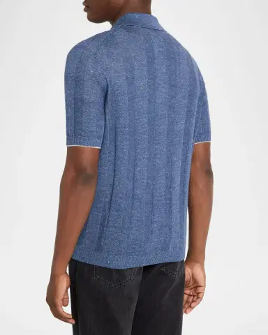 Brunello Cucinelli Men's Linen and Cotton Ribbed Short-Sleeve Polo Sweater | Thumbnail 2
