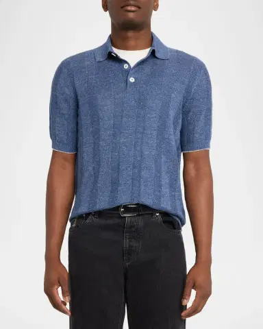 Brunello Cucinelli Men's Linen and Cotton Ribbed Short-Sleeve Polo Sweater | Thumbnail 3
