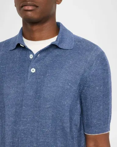 Brunello Cucinelli Men's Linen and Cotton Ribbed Short-Sleeve Polo Sweater | Thumbnail 4