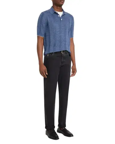Brunello Cucinelli Men's Linen and Cotton Ribbed Short-Sleeve Polo Sweater | Thumbnail 1