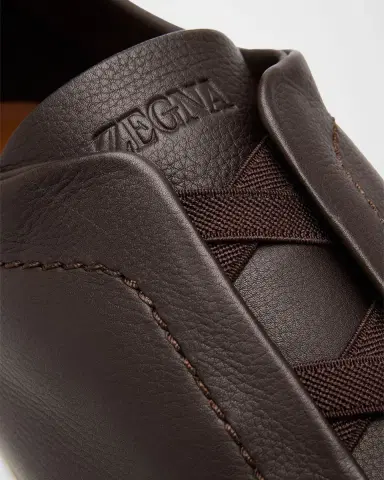 ZEGNA Men 's Triple Stitch Deerskin Leather Slip-On Sneakers | Thumbnail 3
