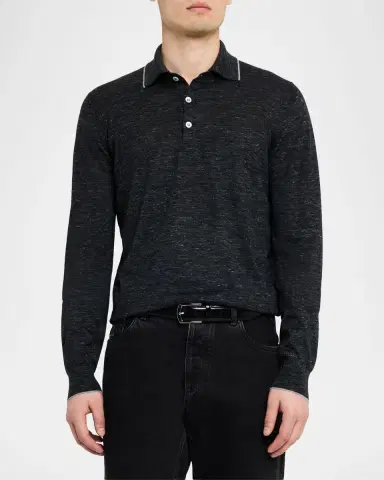Brunello Cucinelli Men's Cashmere Tipped-Collar Polo Sweater | Thumbnail 3 Brunello Cucinelli Men's Cashmere Tipped-Collar Polo Sweater | Thumbnail 3