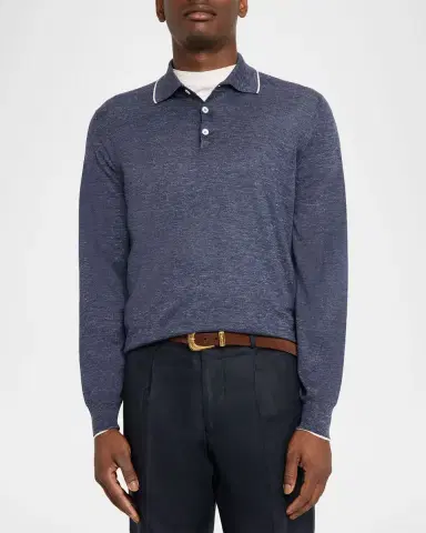 Brunello Cucinelli Men's Cashmere Tipped-Collar Polo Sweater | Thumbnail 3