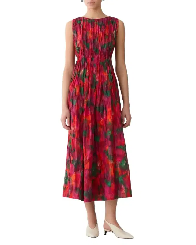 Lafayette 148 New York Pintuck Blossom-Print Cotton Midi Dress