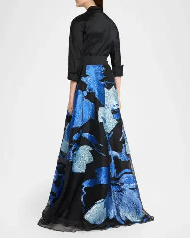 Rickie Freeman for Teri Jon Taffeta and Floral Jacquard Organza Shirt Gown | Thumbnail 2