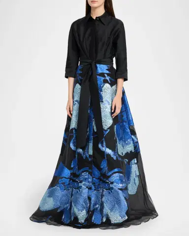 Rickie Freeman for Teri Jon Taffeta and Floral Jacquard Organza Shirt Gown | Thumbnail 3