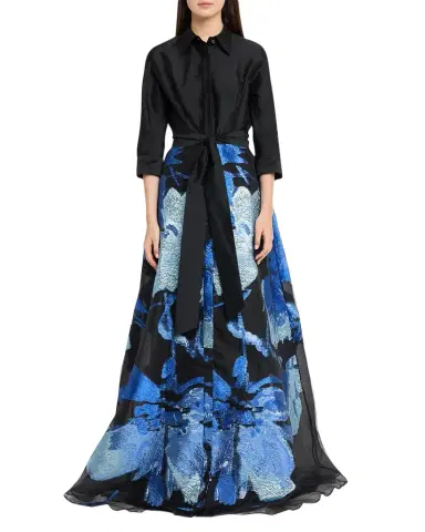 Rickie Freeman for Teri Jon Taffeta and Floral Jacquard Organza Shirt Gown | Thumbnail 1