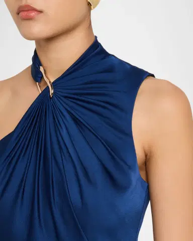 Aidan Mattox Satin Asymmetrical Draped Hardware Halter Gown | Thumbnail 4 Aidan Mattox Satin Asymmetrical Draped Hardware Halter Gown | Thumbnail 4