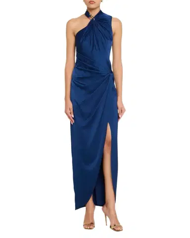 Aidan Mattox Satin Asymmetrical Draped Hardware Halter Gown | Thumbnail 1 Aidan Mattox Satin Asymmetrical Draped Hardware Halter Gown | Thumbnail 1