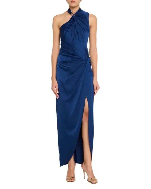 Satin Asymmetrical Draped Hardware Halter Gown