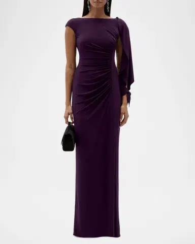 Amsale Asymmetric Cap-Sleeve Ruched Long Gown | Thumbnail 2