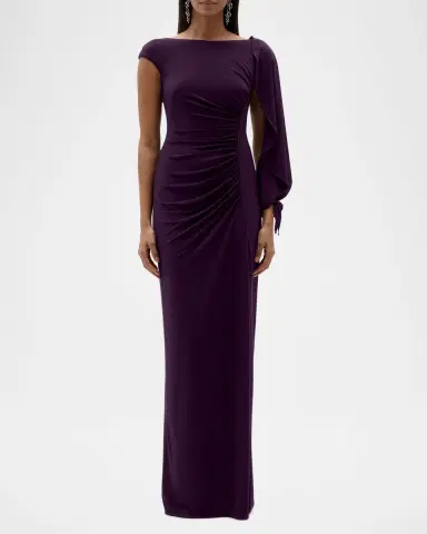 Amsale Asymmetric Cap-Sleeve Ruched Long Gown | Thumbnail 4