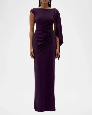 Amsale Asymmetric Cap-Sleeve Ruched Long Gown | Thumbnail 6