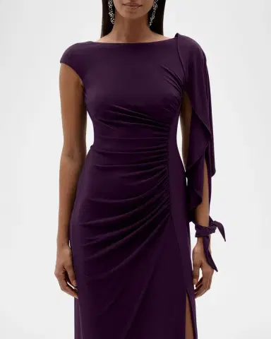 Amsale Asymmetric Cap-Sleeve Ruched Long Gown | Thumbnail 7
