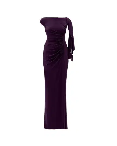 Amsale Asymmetric Cap-Sleeve Ruched Long Gown | Thumbnail 1