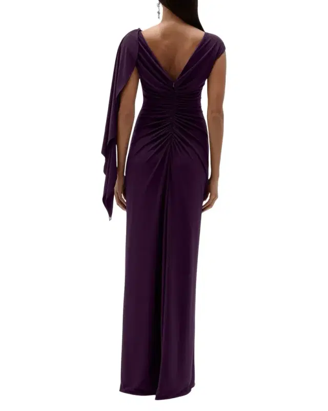 Amsale Asymmetric Cap-Sleeve Ruched Long Gown