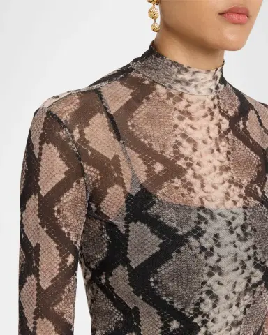 Lapointe Snakeskin-Print Mesh Mock-Neck Bodysuit | Thumbnail 4