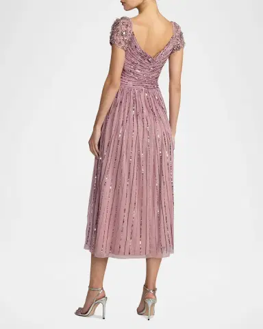 Mac Duggal Ruched Bead and Sequin Mesh Midi Dress | Thumbnail 2
