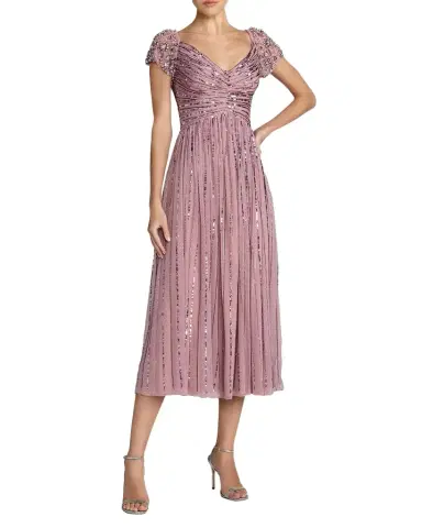 Mac Duggal Ruched Bead and Sequin Mesh Midi Dress | Thumbnail 1