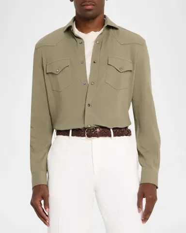 Brunello Cucinelli Men's Cotton Piqué Western Shirt | Thumbnail 3