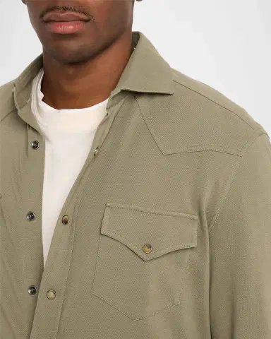 Brunello Cucinelli Men's Cotton Piqué Western Shirt | Thumbnail 4