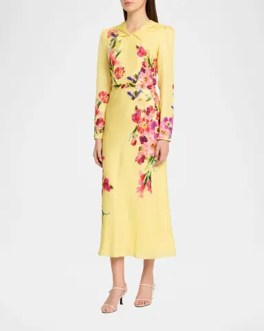 Saloni Claudia Floral Silk Long-Sleeve Fluted Midi Dress | Thumbnail 3 Saloni Claudia Floral Silk Long-Sleeve Fluted Midi Dress | Thumbnail 3