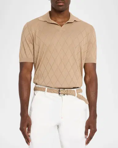 Brunello Cucinelli Men's Cotton Textured Argyle Cotton Knit Polo Shirt | Thumbnail 3 Brunello Cucinelli Men's Cotton Textured Argyle Cotton Knit Polo Shirt | Thumbnail 3