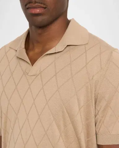 Brunello Cucinelli Men's Cotton Textured Argyle Cotton Knit Polo Shirt | Thumbnail 4 Brunello Cucinelli Men's Cotton Textured Argyle Cotton Knit Polo Shirt | Thumbnail 4