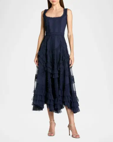 Mac Duggal Mesh Ruffled Scoopneck Midi-Dress | Thumbnail 2