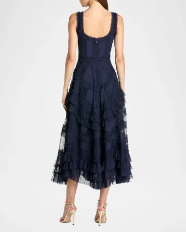 Mac Duggal Mesh Ruffled Scoopneck Midi-Dress | Thumbnail 3