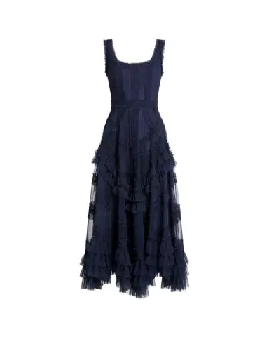 Mac Duggal Mesh Ruffled Scoopneck Midi-Dress | Thumbnail 1