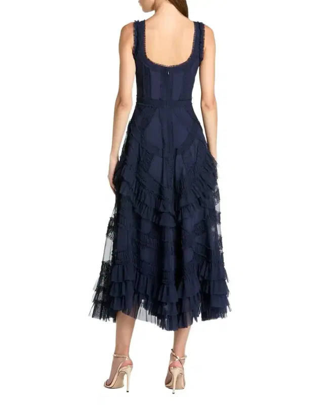 Mesh Ruffled Scoopneck Midi-Dress