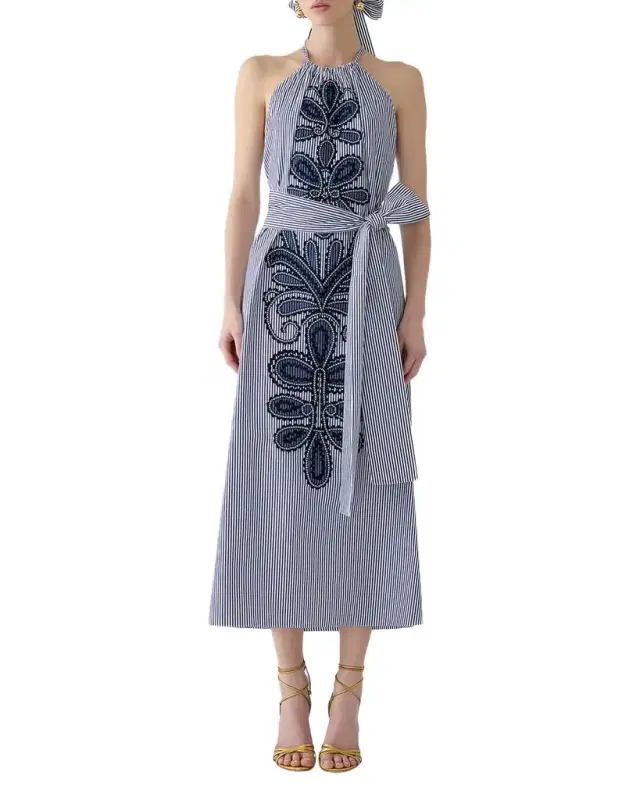 Embroidered Striped Cotton Halter Midi Dress