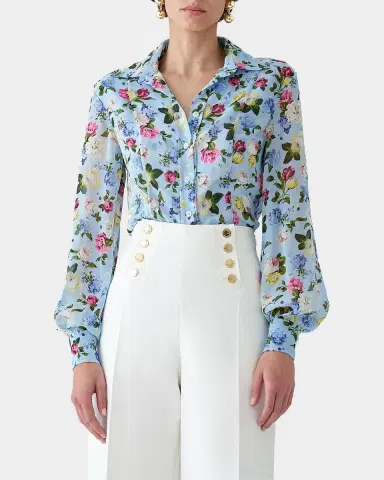Carolina Herrera Isabella Rose-Print Silk Chiffon Button-Down Shirt | Thumbnail 3 Carolina Herrera Isabella Rose-Print Silk Chiffon Button-Down Shirt | Thumbnail 3