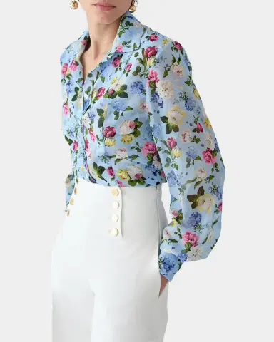 Carolina Herrera Isabella Rose-Print Silk Chiffon Button-Down Shirt | Thumbnail 4 Carolina Herrera Isabella Rose-Print Silk Chiffon Button-Down Shirt | Thumbnail 4