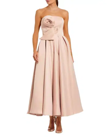 Mac Duggal Rosette-Embellished Strapless Satin Midi Dress | Thumbnail 1